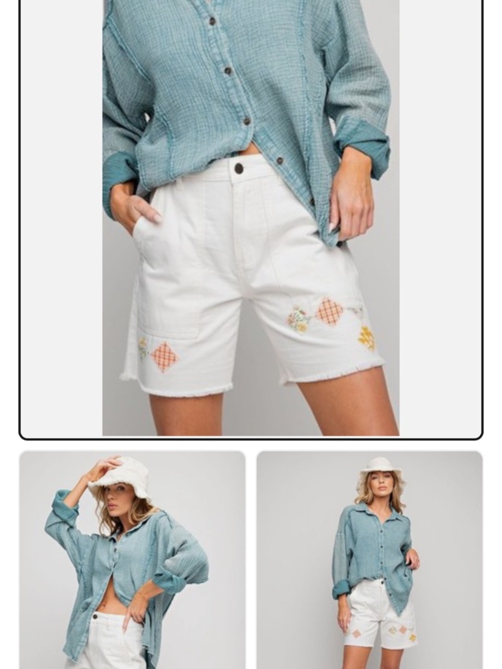 Umgee White Mid-Length Embroidered Bermuda Shorts